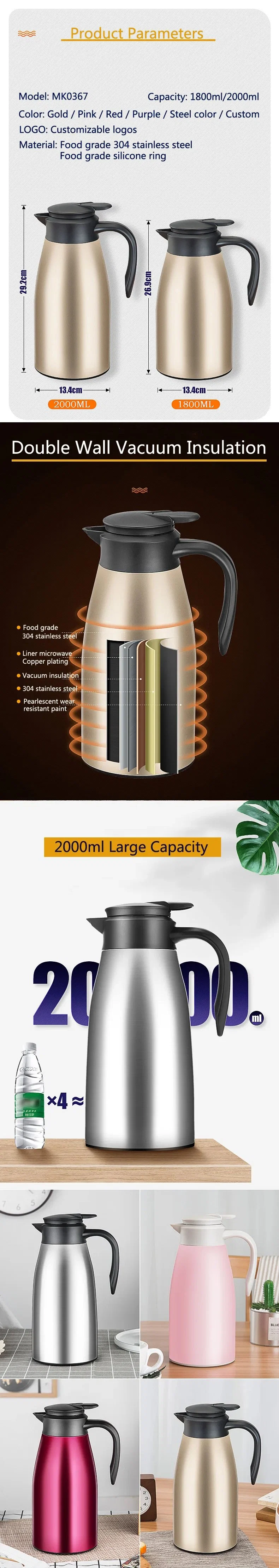 1.5L 2L Metal Vacuum Thermal Tea and Coffee Stainless Steel Pot