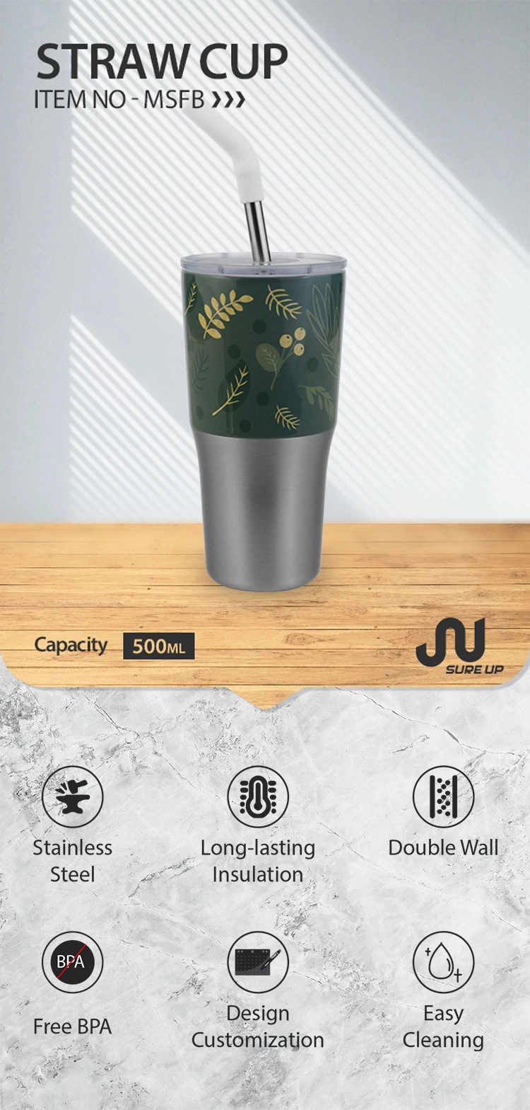 410ml Custom Pattern&Logo Double Wall 304 Stainless Steel Coffee Mug with Straw Tumbler Thermos Flask Thermo Mugs for Daily Life