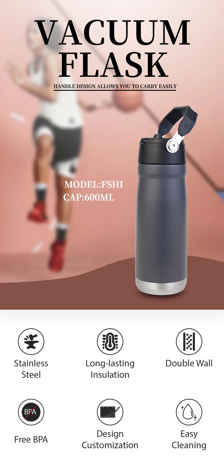 550ml 650ml Wholesale Customed Double Wall Stainless Steel Water Bottle with Handle Thermos Vacuum Flask for Sports