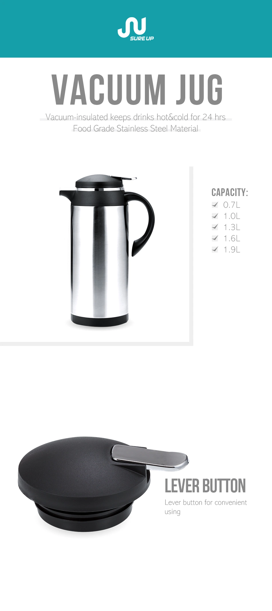 1L Custome Color&Pattern Factory Price Double Wall Glass Liner Vacuum Coffee Pot for Family